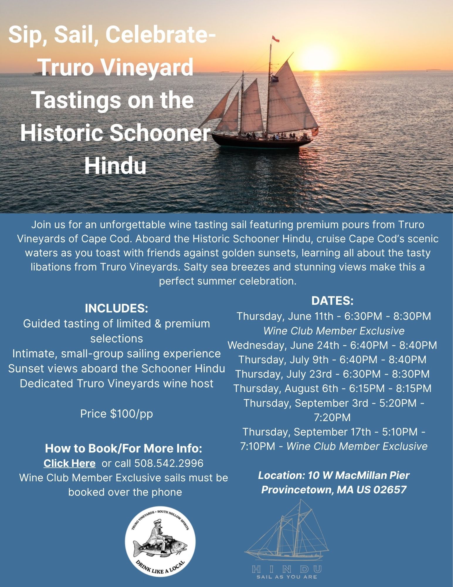 Sip, Sail, Celebrate — Truro Vineyard Tasting on Schooner Hindu (August 6) 2026