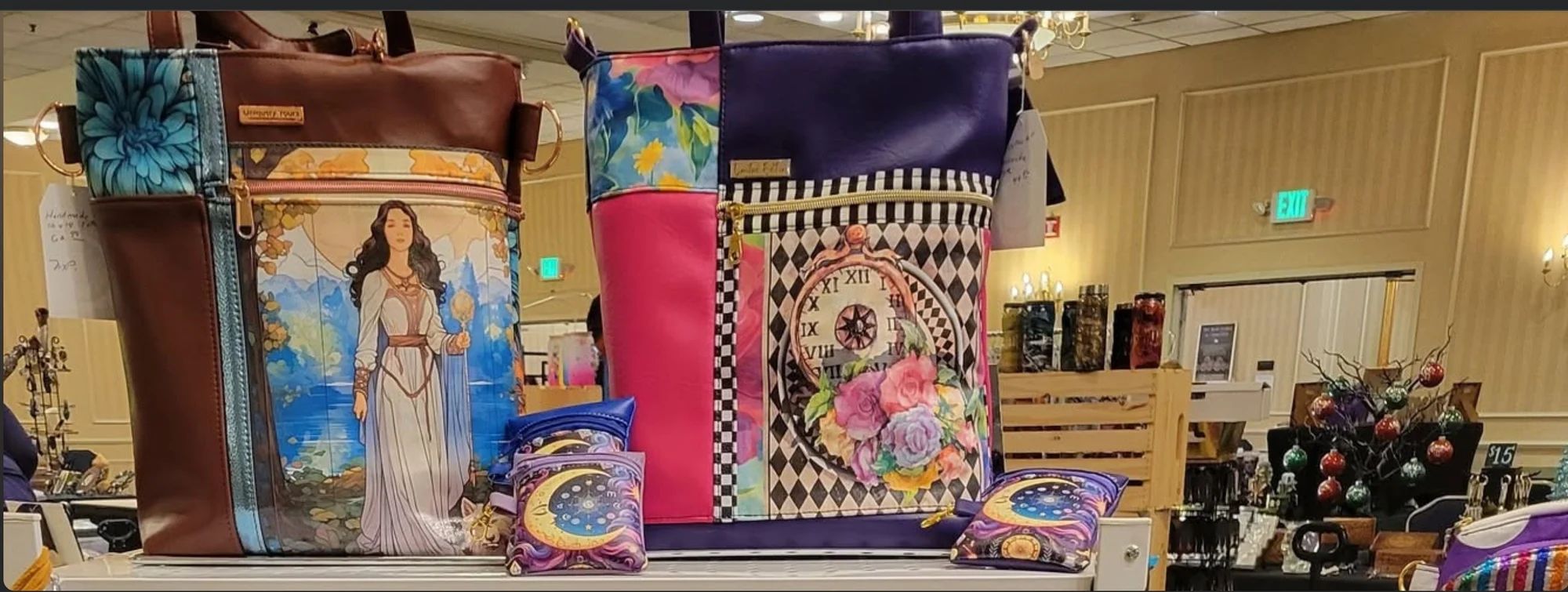 7th Star Bags booth — handmade art-panel totes, bucket bags and pouches.
