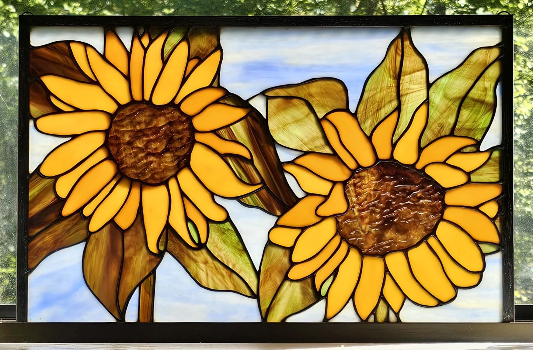 Large Stained glass sunflower panel again a beautiful blue sky