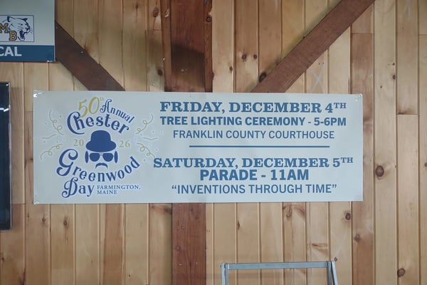 Banner for the 50th Annual Chester Greenwood Day 2026 in Farmington, Maine: Friday December 4th tree lighting ceremony 5–6 PM at the Franklin County Courthouse; Saturday December 5th parade at 11 AM, theme Inventions Through Time
