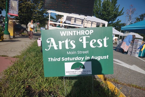 Winthrop Arts Fest sign on Main Street, Aug 15 2026