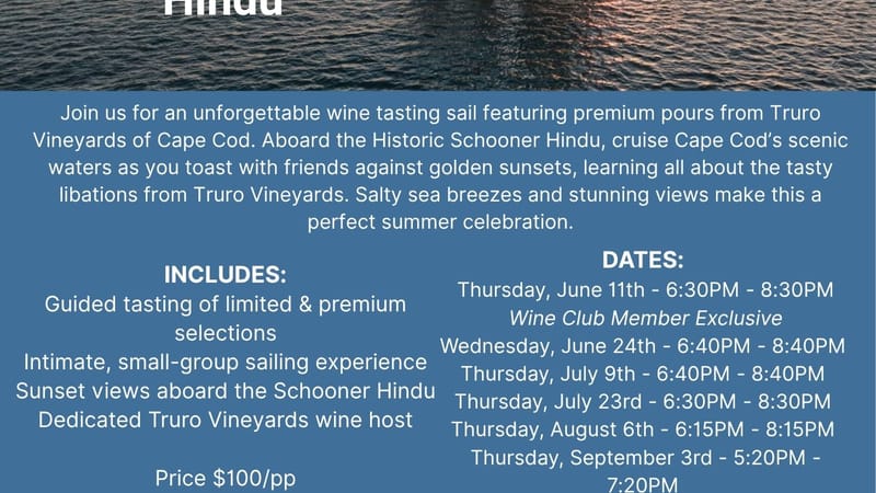 Photo of Sip, Sail, Celebrate — Truro Vineyard Tasting on Schooner Hindu (August 6) 2026 event