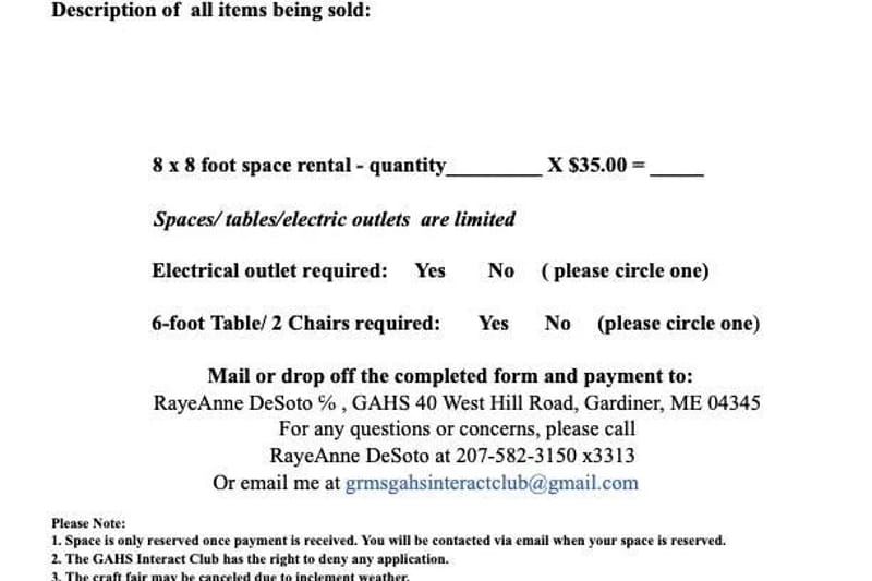 Organizer vendor application: GAHS Interact Club Craft Fair, Dec 19 2026